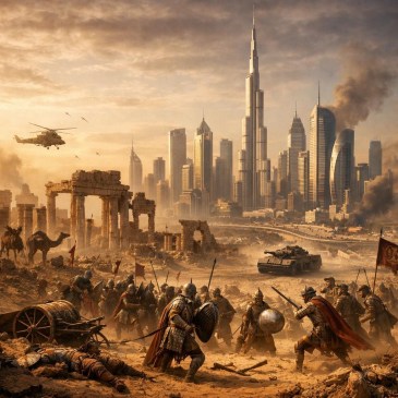 Ancient warriors fighting near ruins with modern city skyline and military vehicles in background