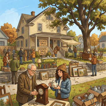 People examining antiques and household items at an estate sale in front of a yellow house with autumn trees