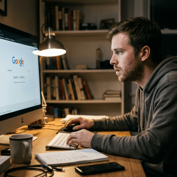 Man using desktop computer with Google search page open