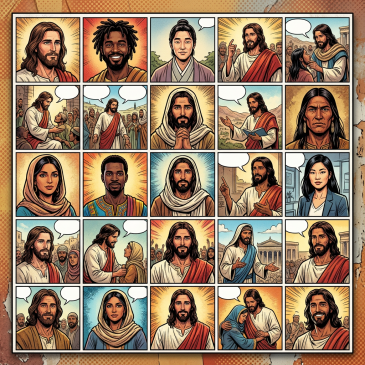 Comic panels of Jesus talking, teaching, healing, and depicted with diverse people