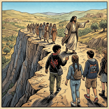 Jesus walking ahead with disciples on cliffside path saying The path ahead is long