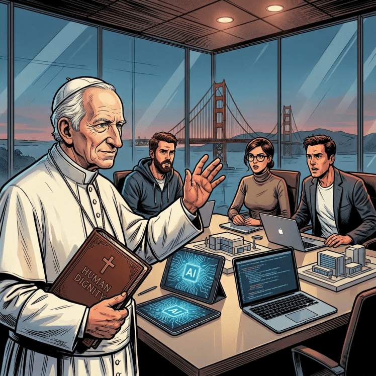 Religious leader holding a book labeled Human Dignity discussing AI ethics with three tech professionals around a table with laptops and tablets showing AI graphics
