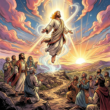 Jesus ascending into the sky surrounded by light with disciples watching and speaking
