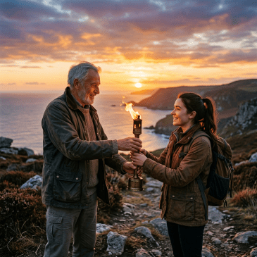 Older man handing lit torch to young woman on coastal hiking path at sunset
