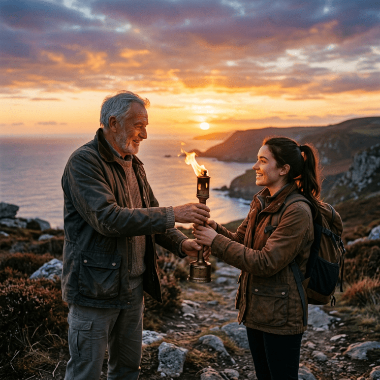 Older man handing lit torch to young woman on coastal hiking path at sunset