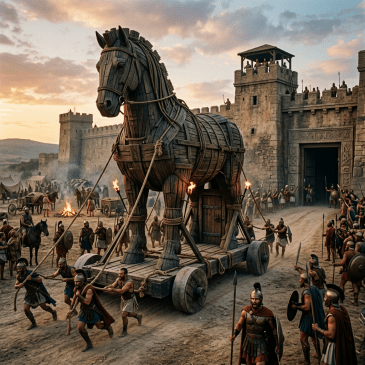 Large wooden Trojan Horse being pulled by Greek soldiers in front of a fortified city gate with guards and siege scene