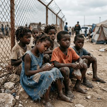 Group of children sitting on the ground near a chain-link fence in a refugee camp