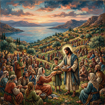 Jesus distributing loaves and fish to people gathered on a hillside by the sea