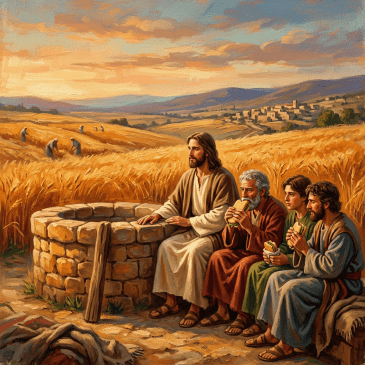Jesus and three disciples sitting by a stone well eating bread in a wheat field