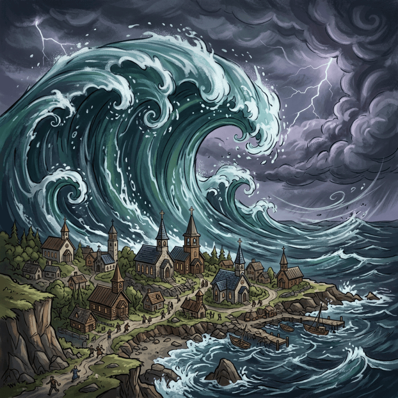 A massive wave rises behind a coastal village during a lightning storm
