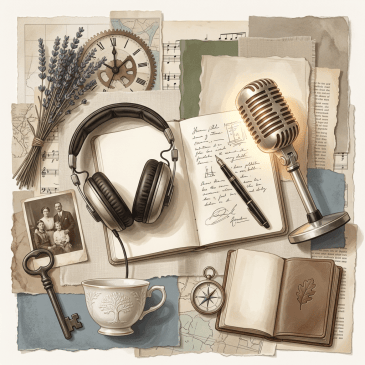 Vintage collage with microphone, headphones, notebook, clock, maps, and family photograph