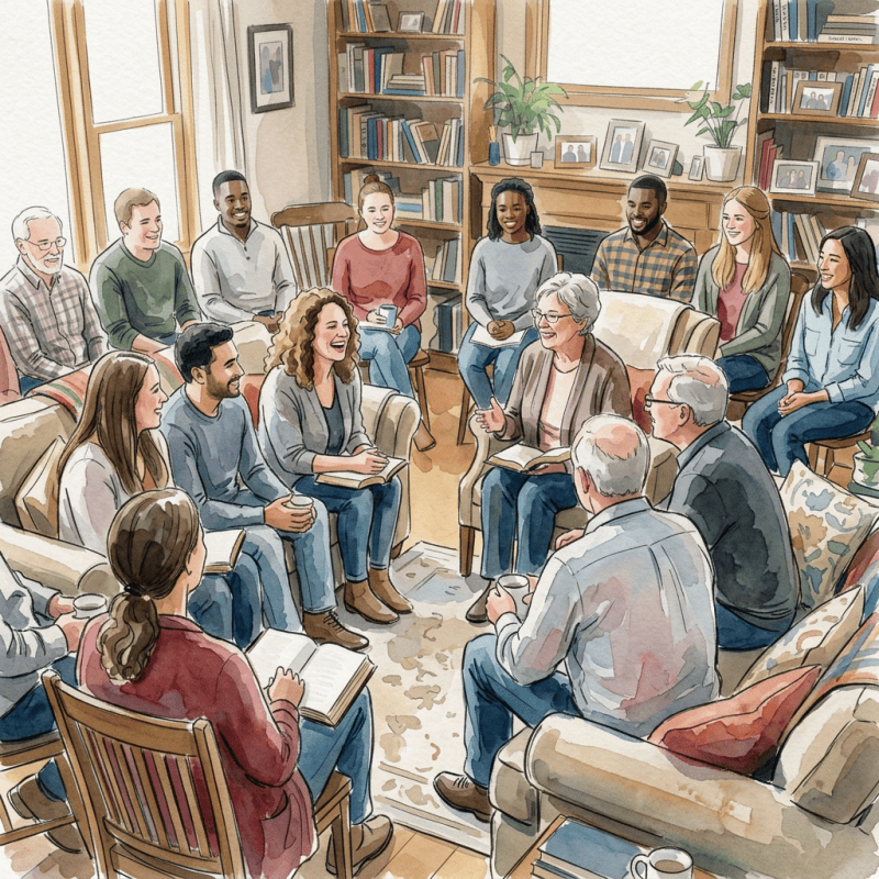 Diverse group discussing books together in a cozy library