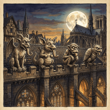 Four gargoyles perched on a Gothic cathedral roof beneath a full moon